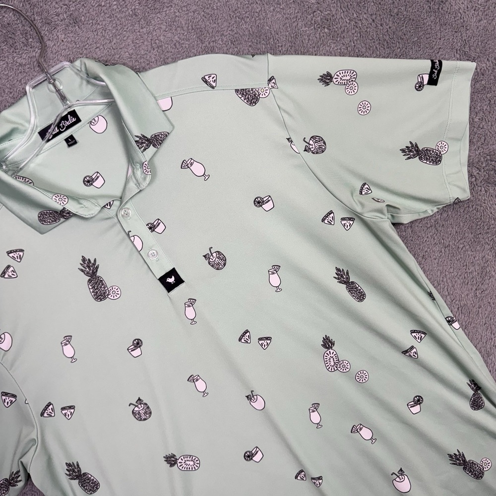 Bad Birdie Polo Shirt Mens L Drinks Alcohol All Over Print Geometric Golf Mint